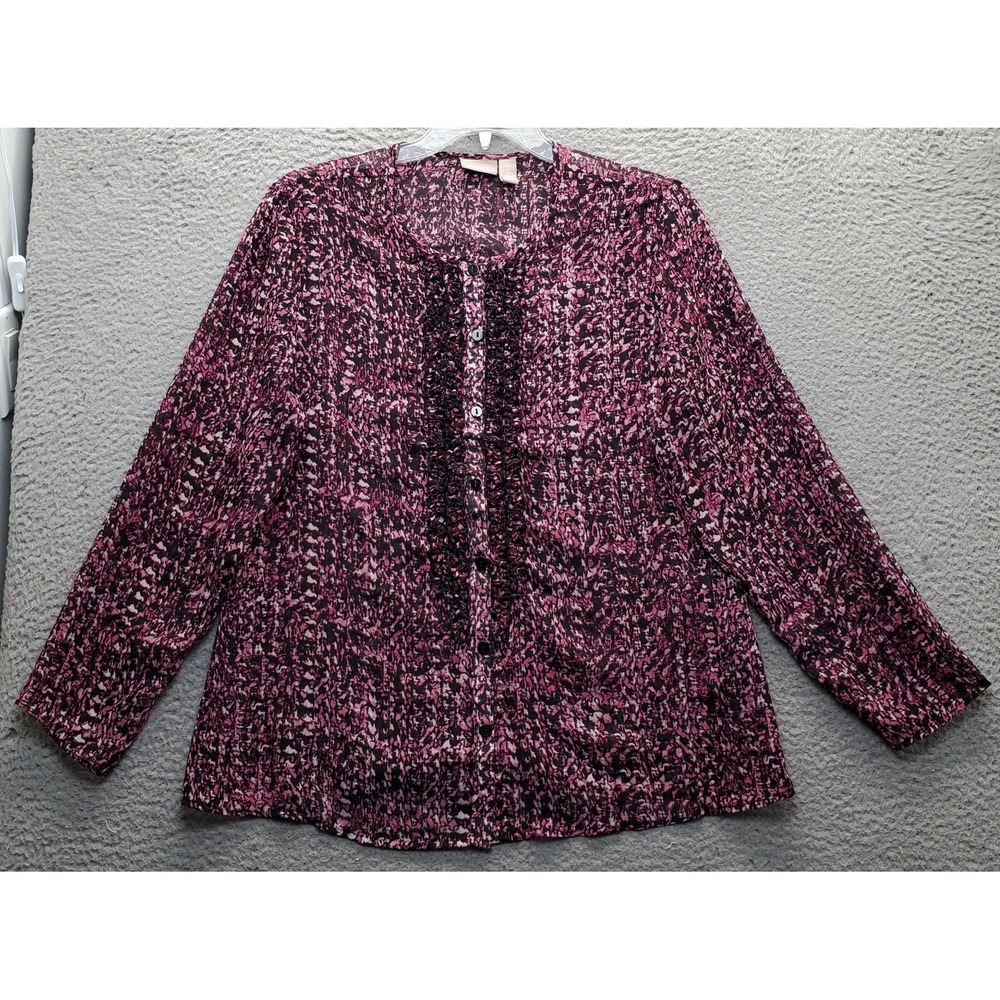 Chico's Blouse Top Womens L Multi Abstract Print Ruffle Long Sleeve Button Front